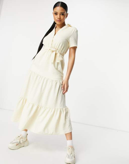 Unique21 – Gestuftes, gewebtes Hemd-Midikleid in Ecru