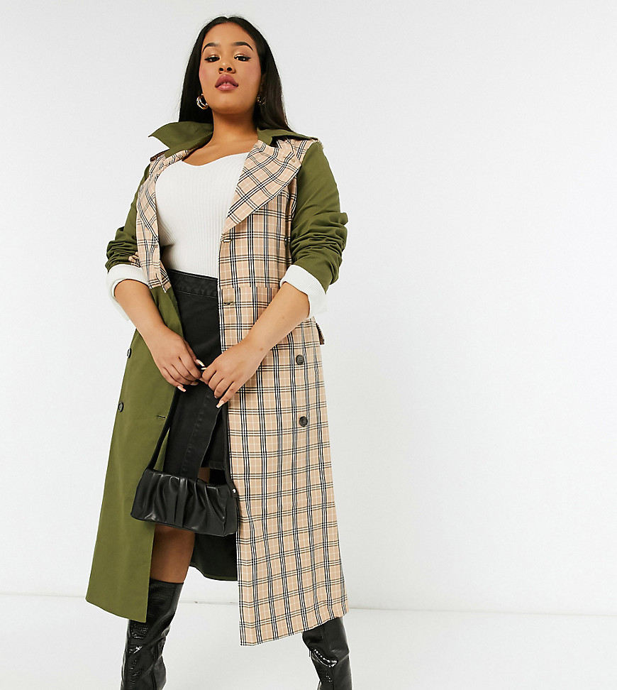 Plus-size coat by Unique21 That new-coat feeling Notch lapels Double-breasted style Button placket Belted waist Contrast check panel Regular fit True to size