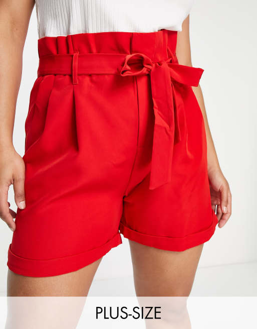 RED PEARL EMBELLISHED PAPER BAG SHORTS