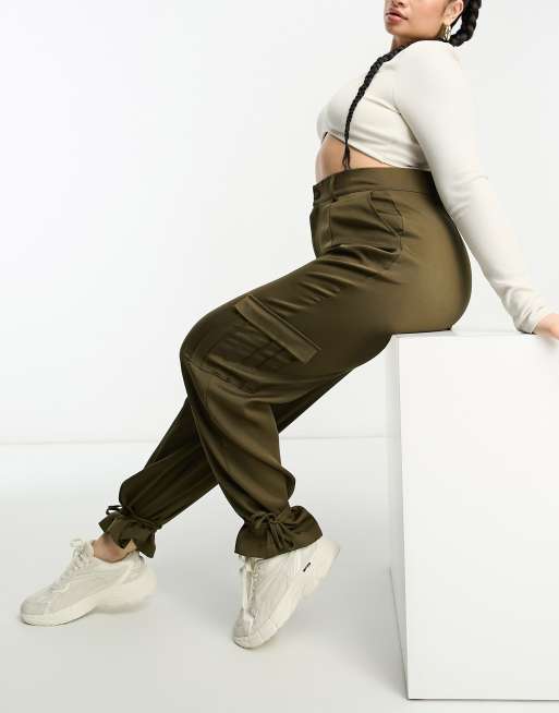 Unique21 Hero Plus high waisted cargo pants with ankle tie in khaki, 4 of 4