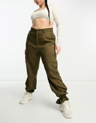 Unique21 Hero Plus high waisted cargo trousers with ankle tie in khaki-Green