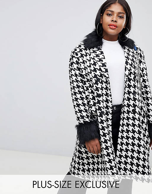 UNIQUE21 Hero Plus oversized car coat in houndstooth with faux fur collar and cuffs
