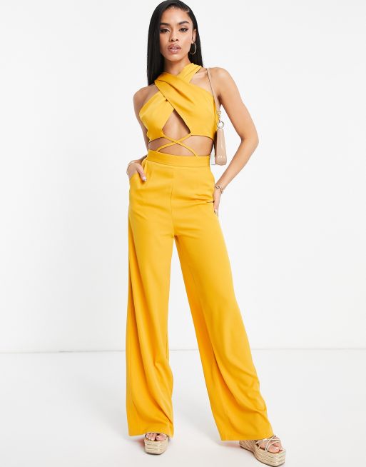 Unique21 – Jumpsuit in Mango mit überkreuzter Vorderpartie und weitem Bein