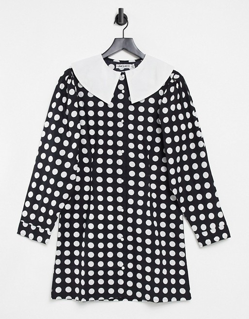 Unique21 long sleeve dress with collar in black polka