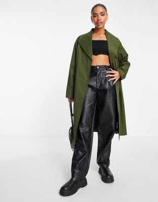 Unique21 Longline Duster Trench Coat In Khaki-green