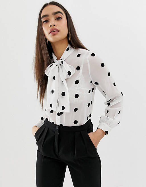 UNIQUE21 mesh pussybow blouse with polka dot | ASOS