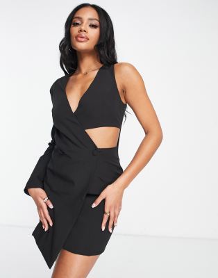 UNIQUE21 Unique21 one shoulder cut out blazer dress in black