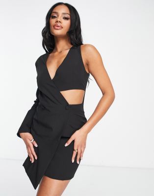 Unique21 one shoulder cut out blazer dress in black