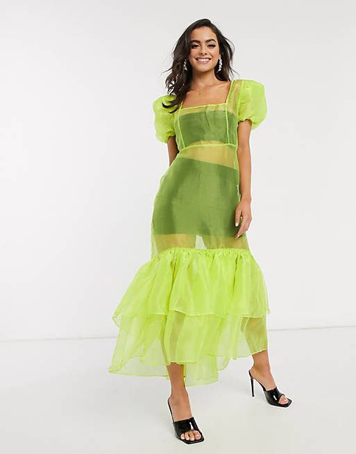 Unique21 organza midi dress with peplum in neon green