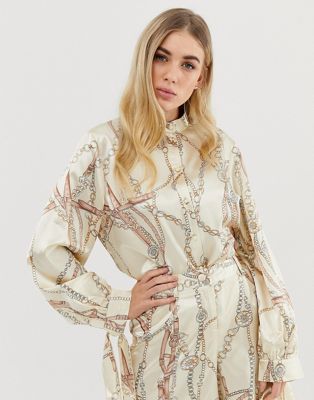 UNIQUE21 oversized satin shirt in vintage chain print two-piece-Gold