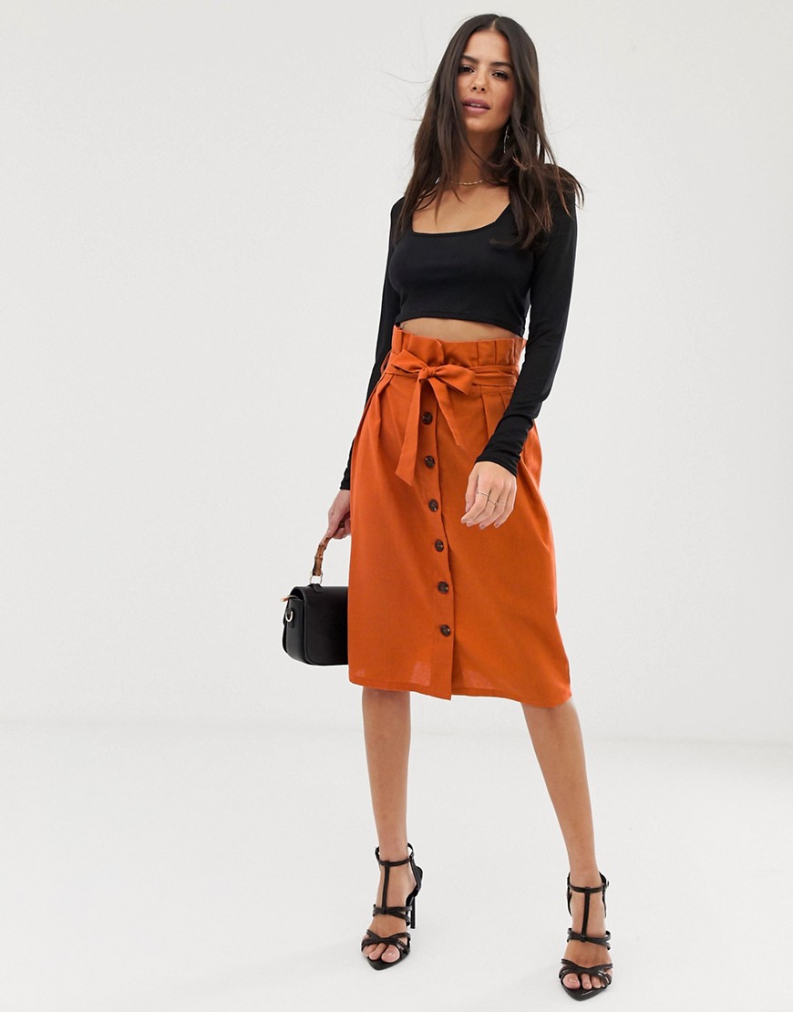 Unique21 paperbag waist midi skirt-Orange