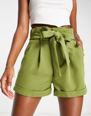 Unique21 paperbag waist shorts in olive