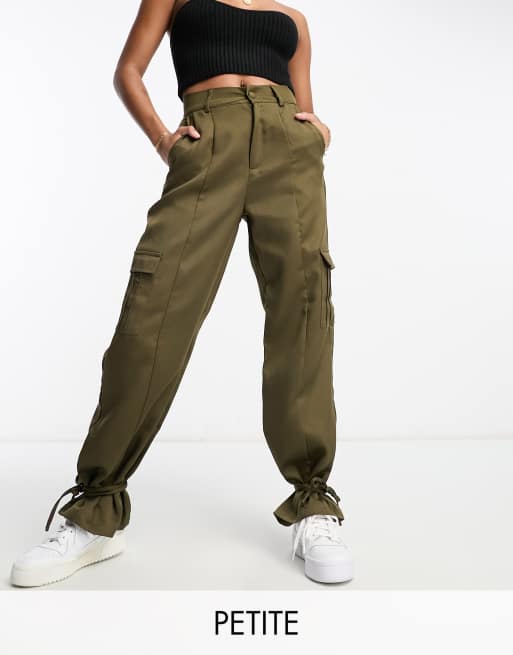 Unique21 Petite high waisted cargo pants with ankle tie in khaki | ASOS