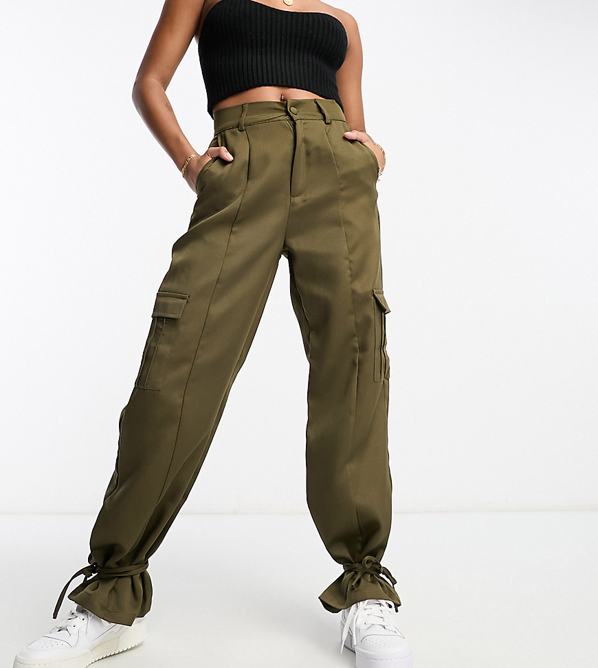 Unique21 Petite high waisted cargo trousers with ankle tie in khaki-Green