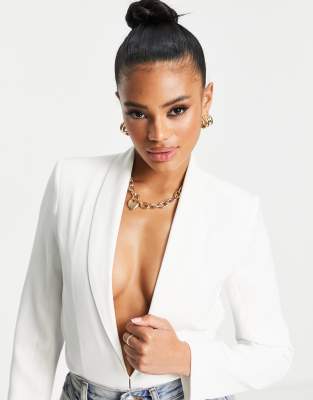 UNIQUE21 Unique21 plunge neck tailored bodysuit in white-Pink