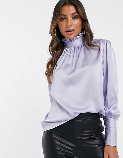 UNIQUE21 pussy bow blouse with deep cuffs in satin | ASOS