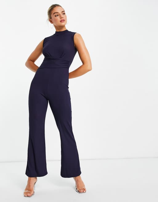 Unique21 ribbed high neck wrap jumpsuit in Navy