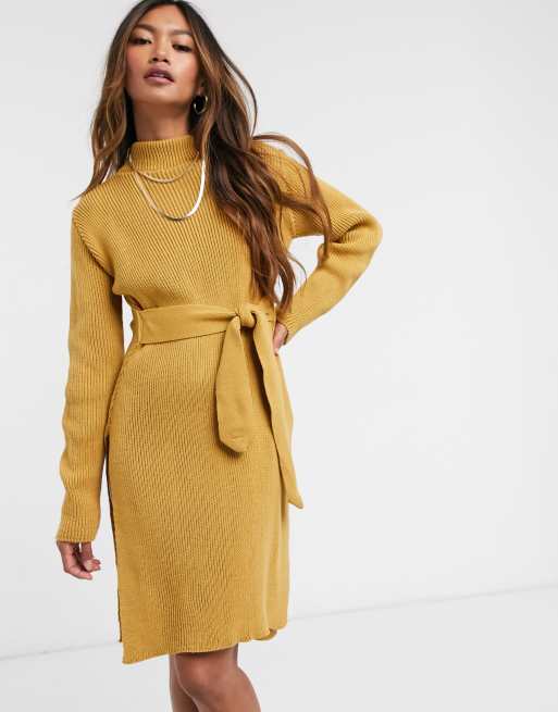 Unique21 roll neck mini jumper dress in camel