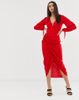 ruched front midi dress