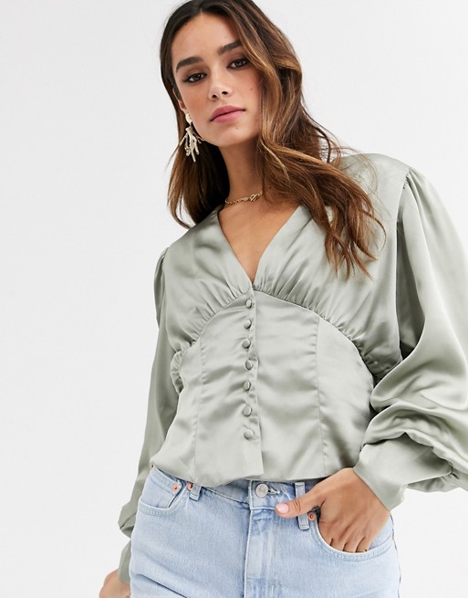 Unique21 satin fitted waist long sleeve blouse