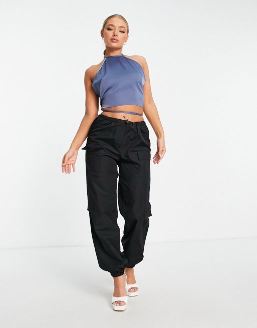 Unique21 Tall high waisted cargo trousers with ankle tie in black