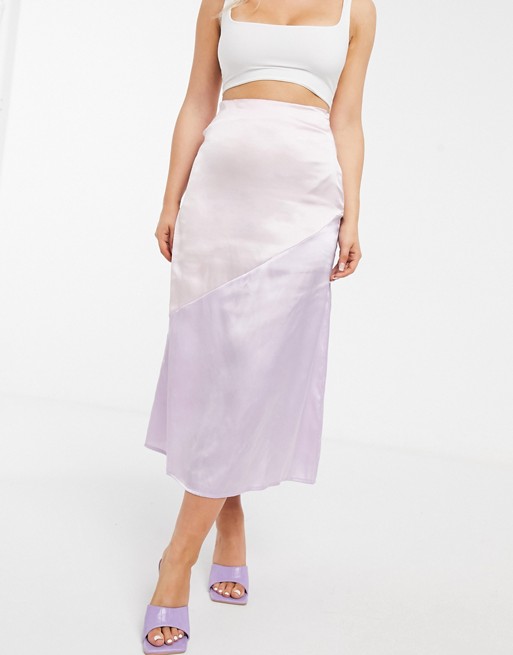 Unique21 satin panelled midi skirt in pink and lilac