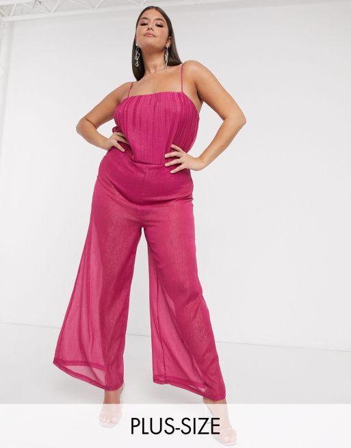Unique21 shimmer bodysuit jumpsuit with sheer trousers in raspberry