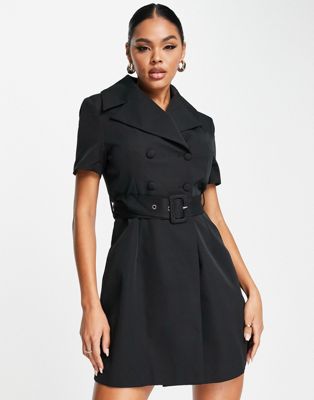 short sleeve belted blazer dress in black