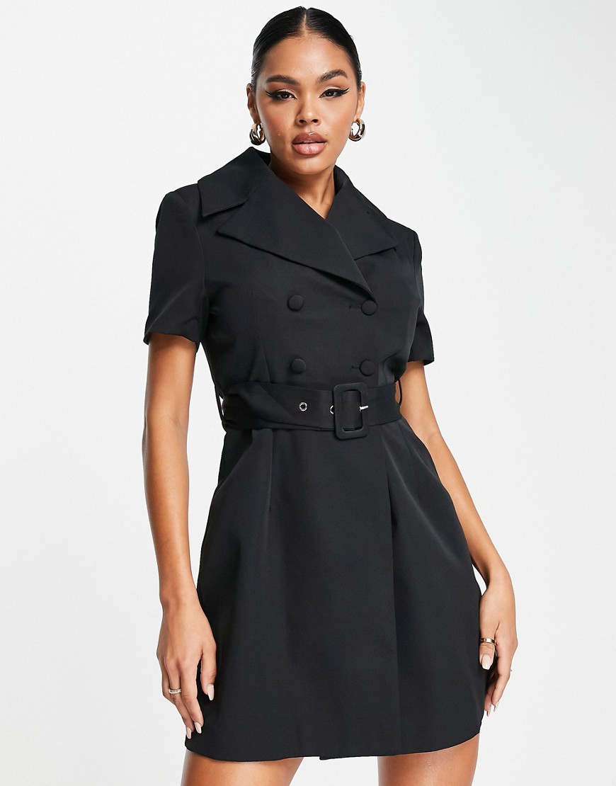 short sleeve belted blazer dress in black