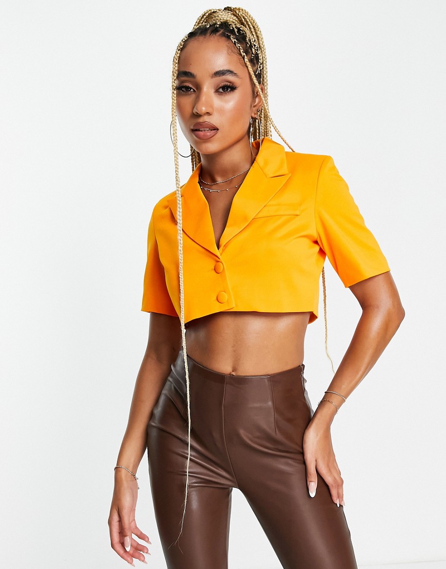 Unique21 Short Sleeve Cropped Blazer Top In Mango - Part Of A Set-orange