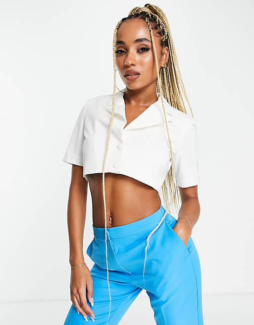 Unique21 short sleeve cropped blazer top in white (part of a set)
