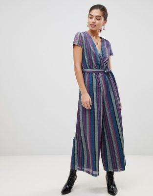 Unique21 short sleeve glitter striped jumpsuit-Multi