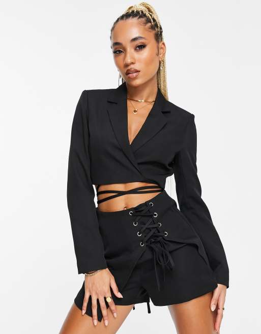 Unique21 - Sort cropped blazer med frontbinding - Del af sæt