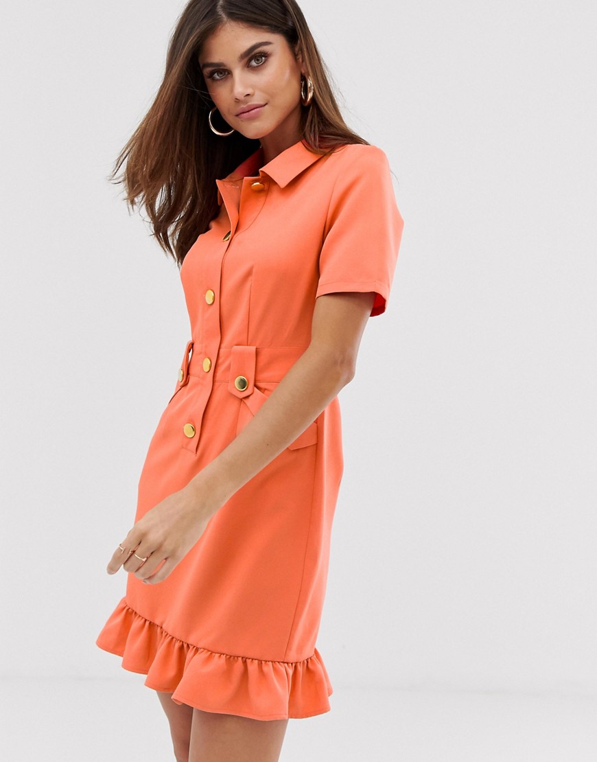 Unique21 tailored belted ruffle hem dress-Pink