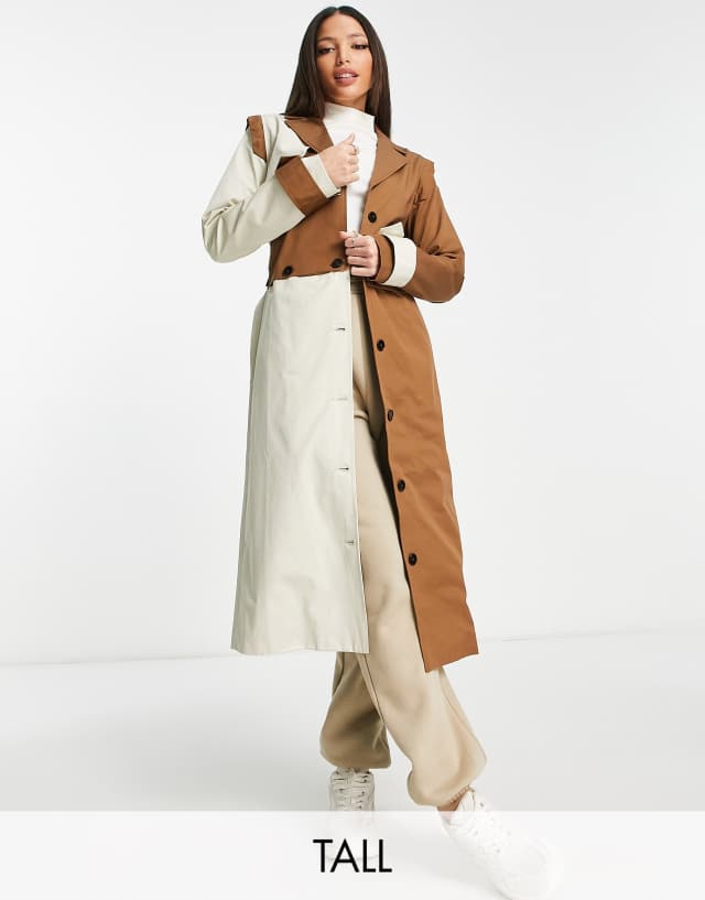 Unique21 Tall contrast color trench coat in beige and brown