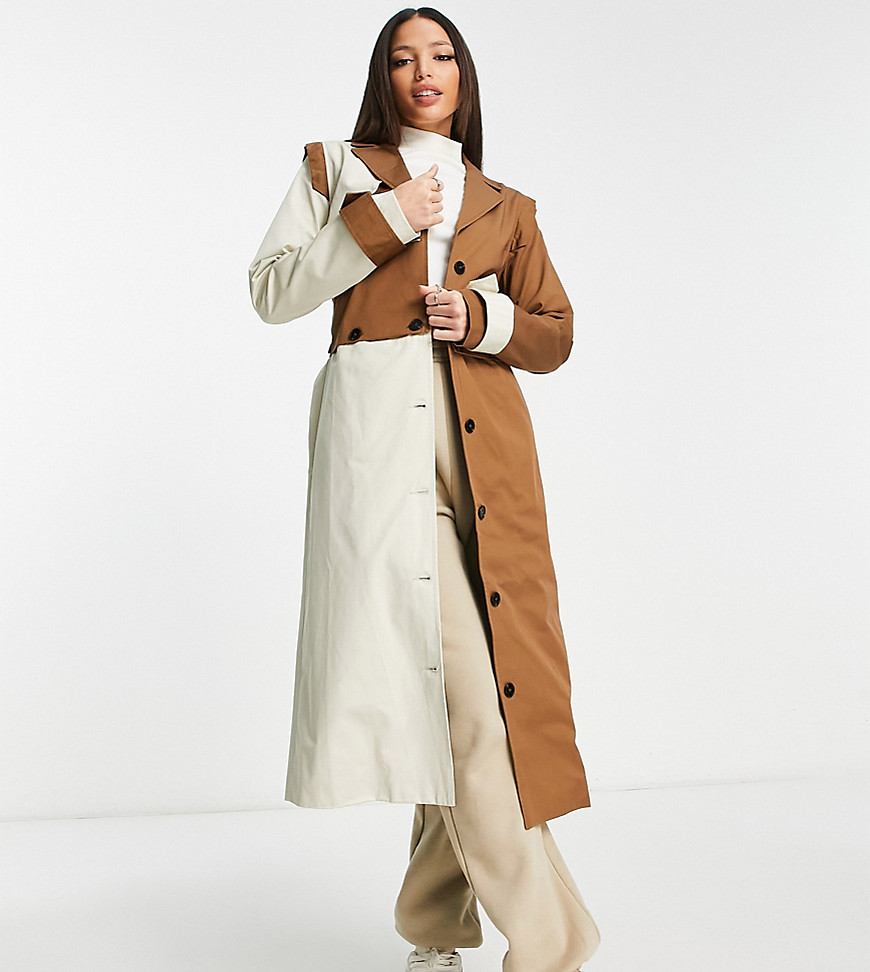 Unique21 Tall contrast colour trench coat in beige and brown-Neutral