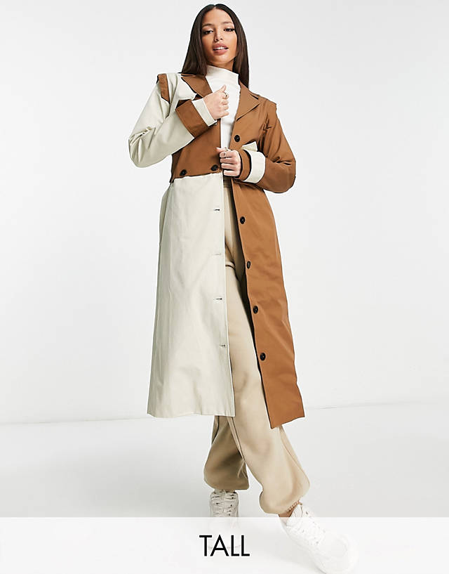 Unique21 Tall - contrast colour trench coat in beige and brown