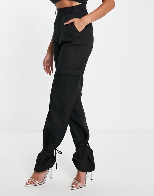 Unique21 Tall high waist cargo pants with ankle tie in black