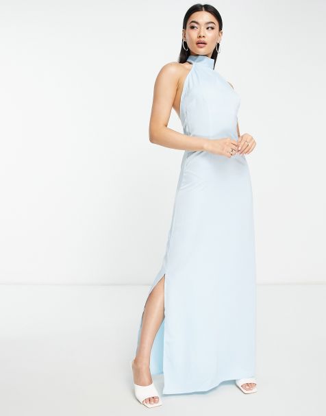 Unique21 tie neck split hem maxi dress in soft blue - view 1