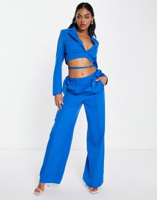 Unique21 tie waist wide leg tailored trouser co ord in blue - ASOS Price Checker