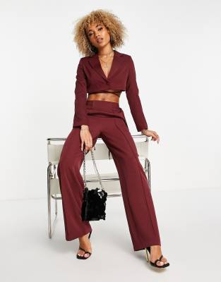 Unique21 tie waist wide leg tailored trouser co-ord in wine