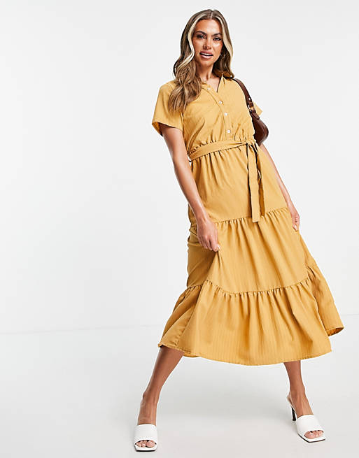 Unique21 tiered woven shirt midi dress in yellow