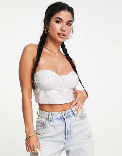 Unique21 - Tweed crop korsettop in wit, deel van co-ord set