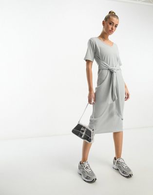 Unique21 v neck ribbed midi dress with tie detail in grey