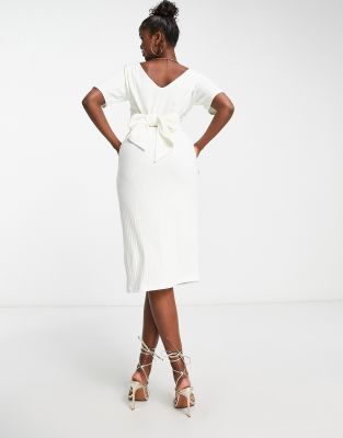 UNIQUE21 Unique21 v neck ribbed midi dress with tie detail in cream-White