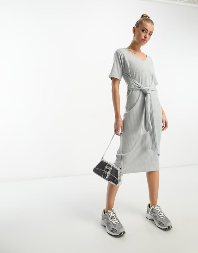 Unique21 v neck ribbed midi dress with tie detail in gray