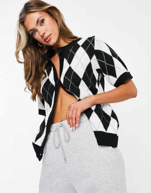 Unique21 - Vest met argyle motief en korte mouwen in zwart en wit