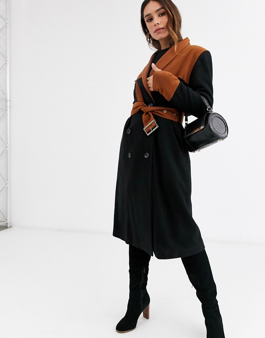 Unique21 - Wollen jas met contrasterende riem-Zwart