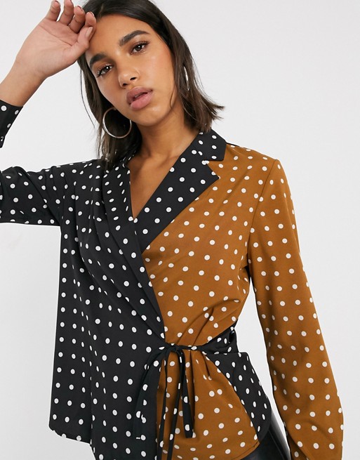 Unique21 wrap contrast polka dot tie blouse
