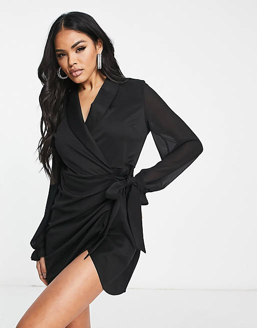 Unique21 wrap front sheer sleeve blazer dress in black | ASOS